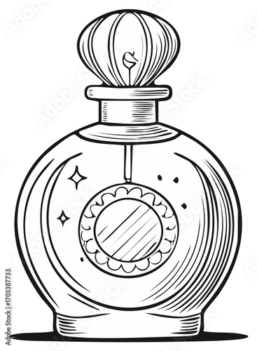 Vintage perfume bottle with ornate stopper and decorative embellishments, a sketch