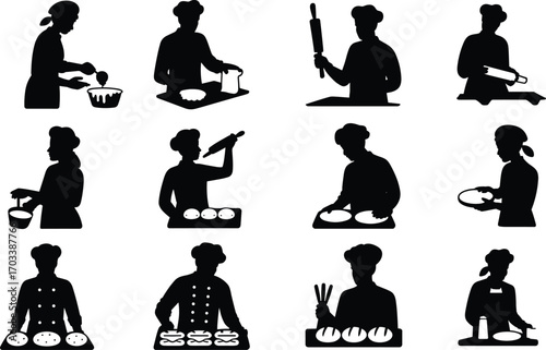 Silhouettes of bakers preparing dough, rolling, baking bread, chef cooking, bakery work, bread making, food preparation, kitchen activity, baking process, professional chef,