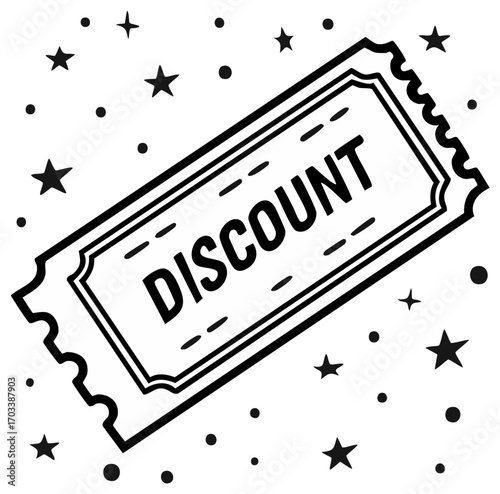 Hand drawn discount ticket with festive stars and dots black and white doodle style graphic for sales promotions and offers