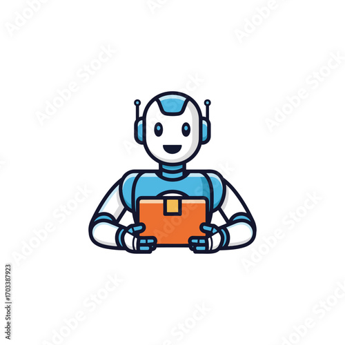 Cartoon robot holding an orange package, delivery concept, isolated on white background.