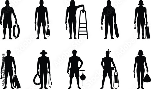 Silhouettes of workers, various professions, holding tools, equipment, manual labor, industrial work, safety gear, construction, maintenance, handyman, technician, craftsman