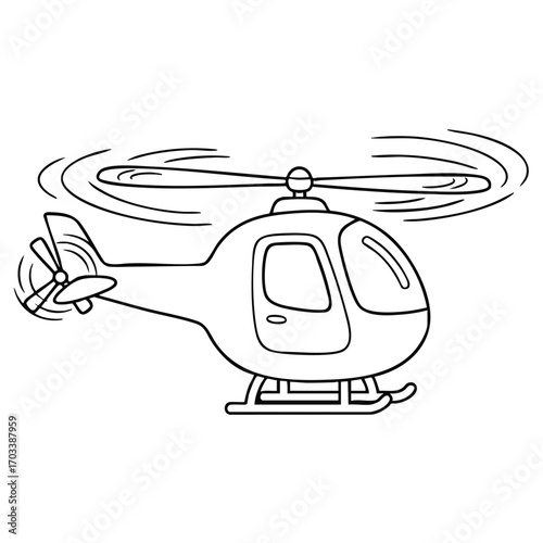 Black and white line drawing of a helicopter with spinning main and tail rotors in flight view