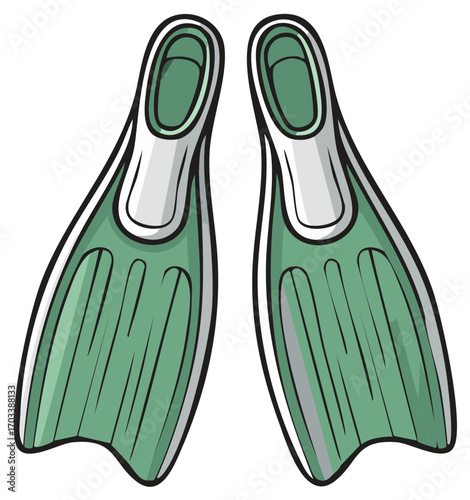 Pair of green swim fins for snorkeling or diving with white foot pockets