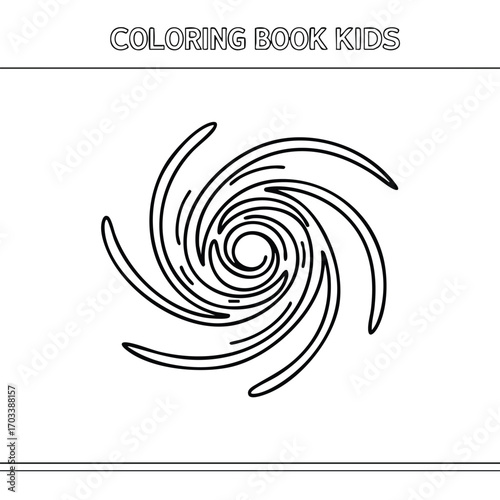 Black and white spiral swirl pattern with curved lines forming a vortex for kids coloring book design page