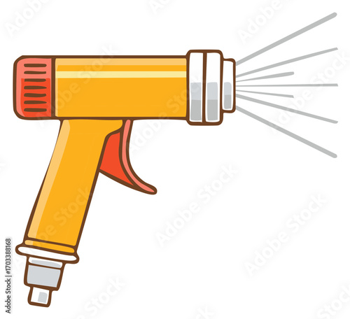 A yellow and orange spray gun emitting water. Perfect for gardening or cleaning projects with illustration design details.