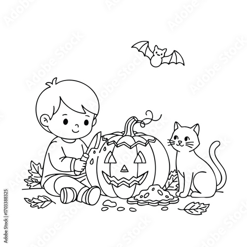 A young child carving a jack-o-lantern pumpkin with a cat sitting nearby and a bat flying above in autumn leaves