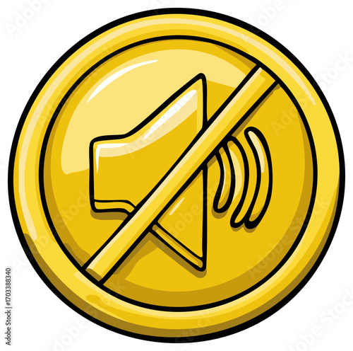 Golden cartoon mute speaker icon symbolizing silence and audio control button for digital interfaces
