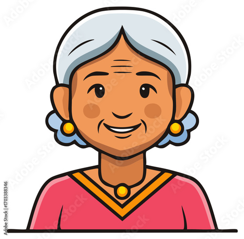 A friendly elderly woman with grey hair and a kind smile, a cartoon character portrait