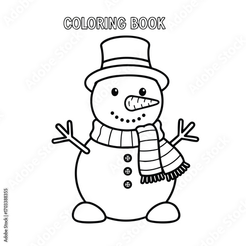 Black and white line drawing of a snowman wearing a top hat and scarf for a winter holiday coloring book page