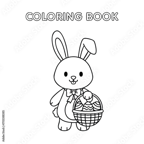 Cute cartoon bunny holding a basket full of decorated Easter eggs in a simple black and white coloring book style