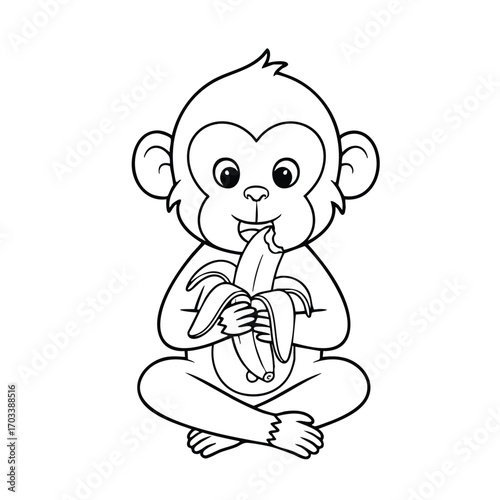 Cute cartoon monkey sitting cross-legged and eating a peeled banana with a happy expression on face