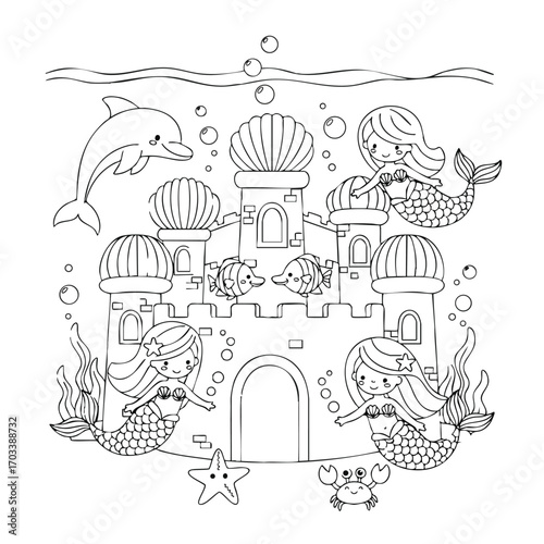 Black and white illustration of three mermaids playing around an underwater castle with fish, dolphin, crab, starfish, and seaweed