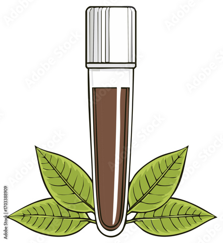 Laboratory test tube with organic sample and green leaves illustration
