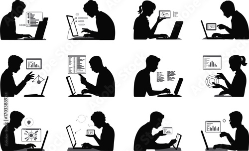 Silhouettes of people working on laptops and tablets, coding, analyzing data, programming, digital communication, technology use, software development, teamwork