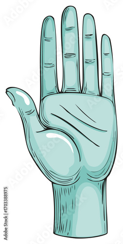 Stylized teal hand with open palm and fingers outstretched in a graphic illustration