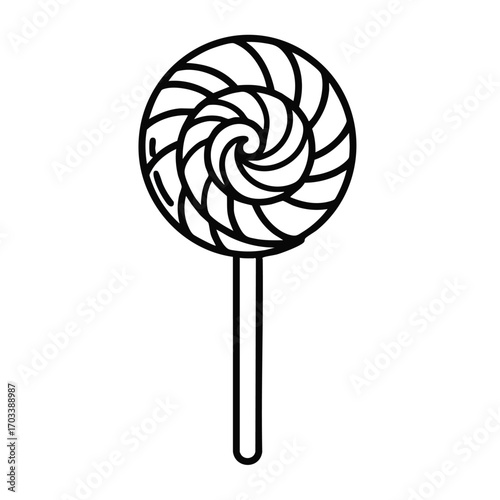 Black and white line art illustration of a spiral swirl lollipop on a stick with a simple candy design