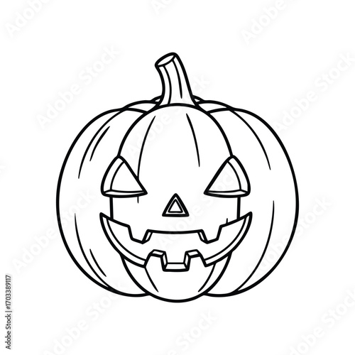 Black and white line drawing of a carved pumpkin with a spooky face and a curved stem on top