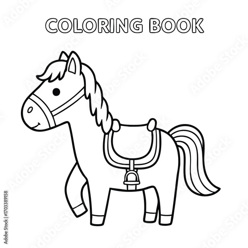 Cute cartoon horse with saddle and mane in a simple black and white coloring book style illustration