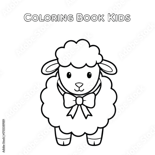 Cute cartoon lamb with a bow tie designed for children's coloring book activities and creative learning fun