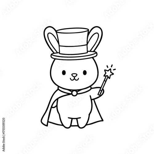 Cute cartoon bunny wearing a magician's top hat and cape holding a magic wand with a star tip in black and white