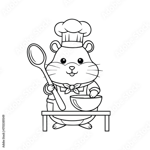 Cute cartoon hamster wearing a chef hat and scarf holding a large spoon next to a bowl on a table in black and white