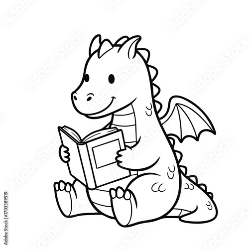 Cute cartoon dragon sitting and happily reading a book with wings and small horns in black and white line art