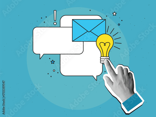 Black and white hand turns on a lamp. The concept of business communications and ideas. Modern collage style. Vector illustration