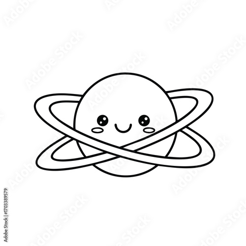 Cute cartoon planet with two intersecting rings and a smiling face with shiny eyes and rosy cheeks