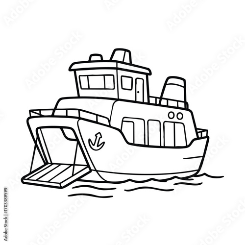 Black and white line drawing of a ferry boat with an open ramp floating on water waves in simple style