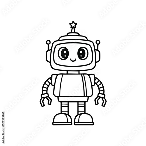Cute cartoon robot with big eyes and star antenna standing with claw hands in a friendly pose illustration
