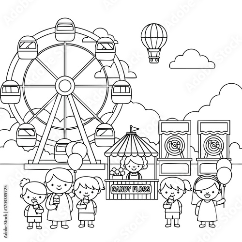Black and white line art of children enjoying a carnival with a ferris wheel, candy floss stall, and game booths on a cloudy day