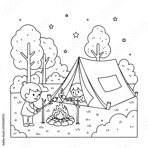 Children enjoying camping outdoors roasting marshmallows by a campfire near a tent in a forest at night under stars
