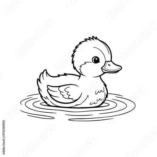 Cute baby duckling floating peacefully on water with ripples in a simple black and white line art style illustration