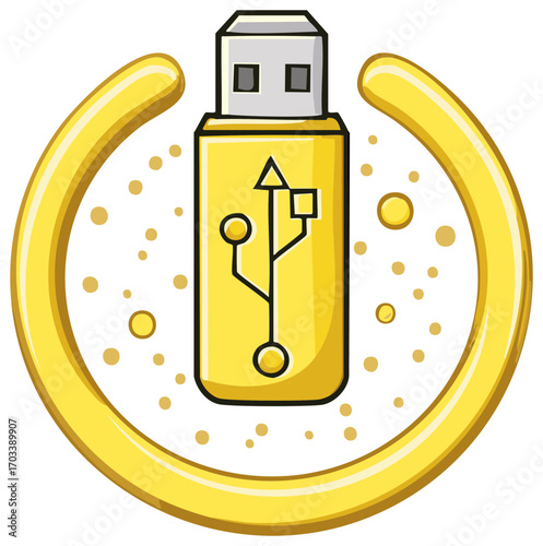 Yellow USB flash drive with data transfer symbol in a yellow circle
