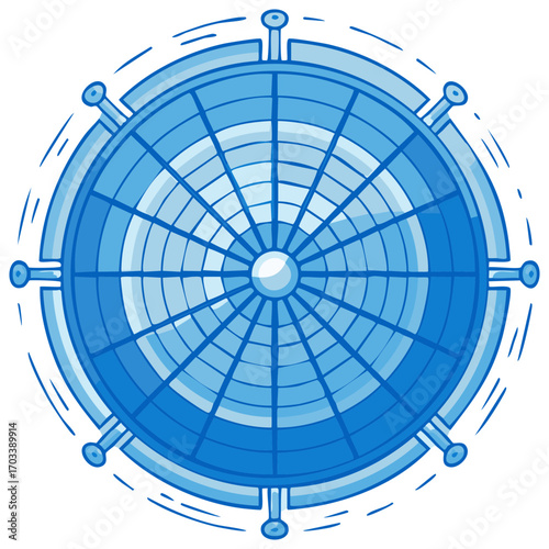 Illustration of a blue ship wheel featuring nautical design and steering control system