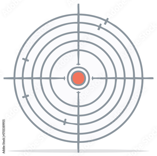 Graphic illustration of a simple target with a red bullseye and gray concentric circles and crosshairs
