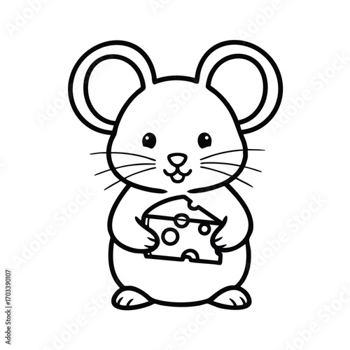 Cute cartoon mouse holding a piece of cheese with big ears and whiskers in a simple black and white line drawing