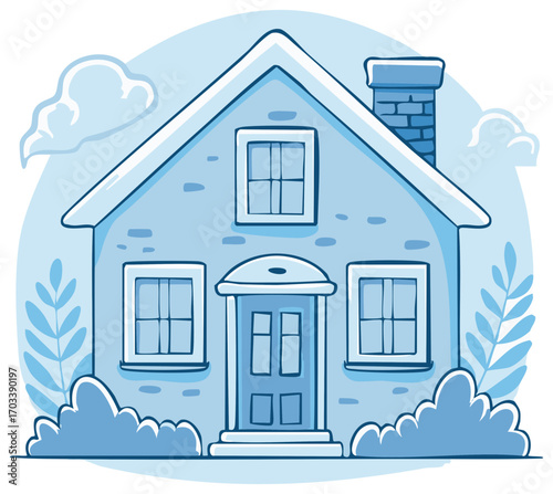 Cozy cartoon house illustration with snow on the roof on a cold winter day