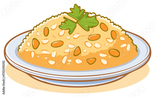 Fluffy Rice Pilaf with Nuts and Parsley Garnish on a Plate