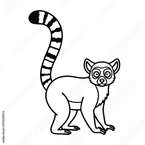 Black and white line art illustration of a lemur with a long striped tail standing on all fours facing forward