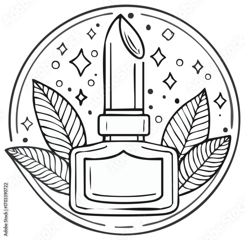 Glamorous lipstick cosmetic icon with natural leaves and sparkles line art