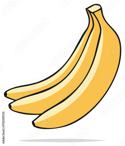 Cartoon illustration of three ripe bananas, yellow fruit with black outlines