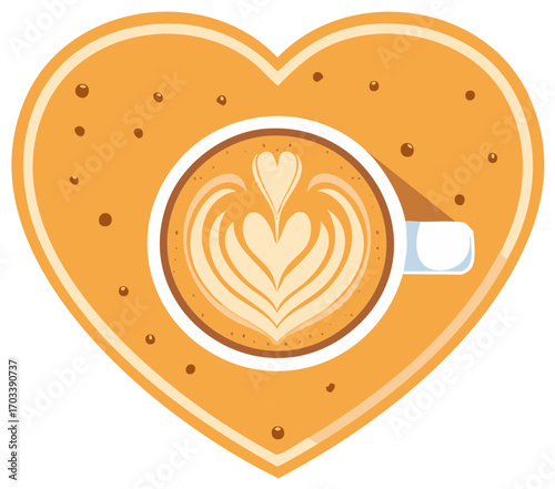 Coffee cup with heart shape art on heart cookie surface, love and coffee concept