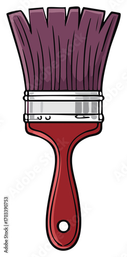 Cartoon paint brush with purple bristles and red handle for painting projects.
