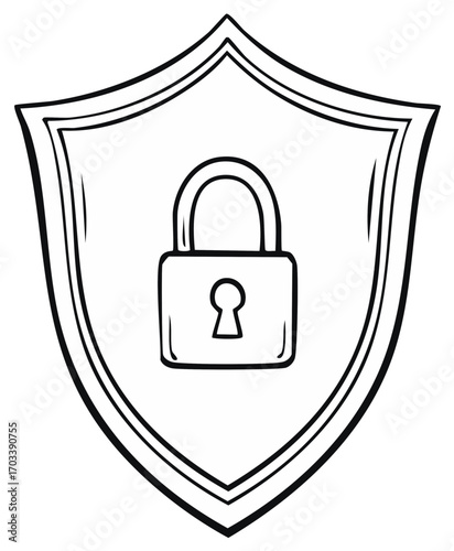 Hand drawn shield with lock symbol representing security and protection, black and white line art