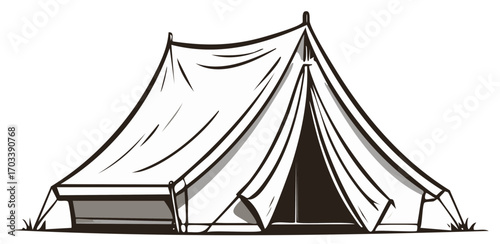 Hand drawn black and white classic camping tent illustration for outdoor adventures and wilderness travel