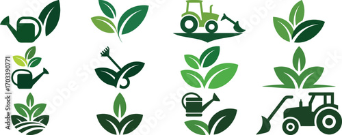 Green leaf and farm equipment icons set
