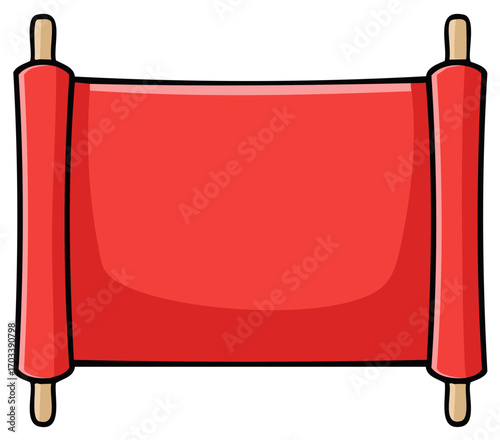 Cartoon Red Scroll with Wooden Handles for Medieval Era Maps and Ancient Documents