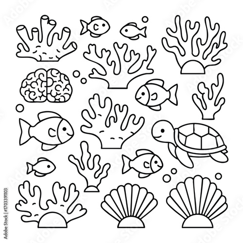 Black and white line art illustration of various coral reefs, fish, a turtle, and seashells in a marine theme