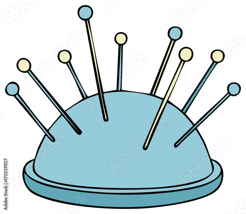 Light blue pincushion with colorful pins embedded in a dome shape for sewing